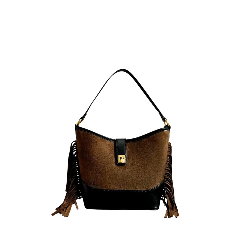 Brown faux Suede Fringe Hobo Bag Black Leather‎ Trim Gold Turn-Lock Shoulder Bag